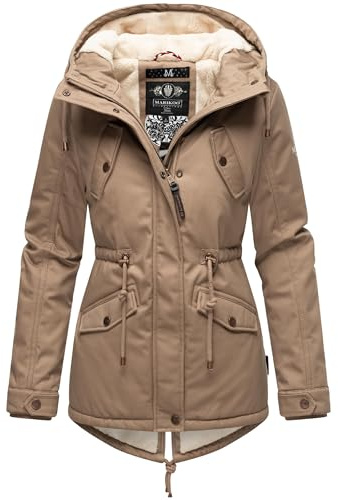 MARIKOO Damen mittellange Winterjacke Manolya mit verstellbarer Kapuze | Länge: po-bedeckend | Wärmegrad 3 von 3 – warm gefüttert | verstellbare, fleecegefütterte Kapuze