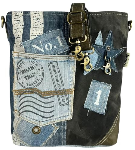 Sunsa Damen Tasche. Umhängetasche aus recycelte Jeans, Canvas & Leder | Vintage Nachhaltige Jeanstasche. Retro Crossbody Bag mit Reißverschluss für Alltag & Freizeit. Schwarz/ blau Schultertasche