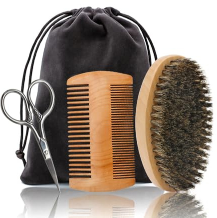 Hair Dough Beard Brush & Comb, Scissors Set for Men, Set Includes Soft Boar Bristle Brush, Bamboo Wide Tooth Comb, and Mustache Trimming Scissors, Straighten & Soften Your Beard
