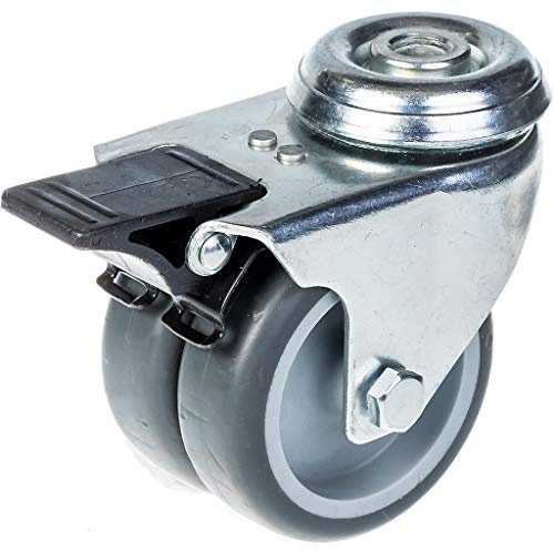 Lenkrolle mit Doppelrad, 75 mm, Gummi, mit Bremse, 100 kg Tragkraft, Grau