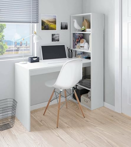 Dmora - Denton Schreibtisch, umkehrbarer Multifunktionsschreibtisch mit Bücherregal mit 5 Ablagen, Arbeits- oder Bürotisch für PC-Buchhalter, 120 x 53 x 144 cm, Weiß