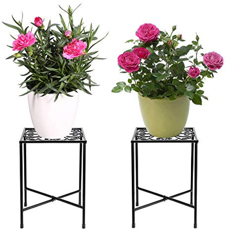 SUMTree Sgabello vintage per piante in ferro, scalette per fiori, scaffali da giardino, decorazione per balconi, cortili, giardini (2 pezzi, nero, quadrato)