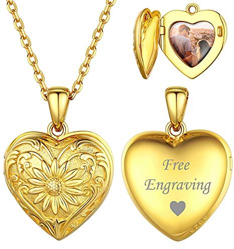 ChicSilver Personalisierter Foto Anhänger 925 Silber/Gold/Rosegold Herz Medaillon für Damen Herren, Personalisierter Amulett mit Flügel/Sonnenblume zum öffnen für Geliebte Liebeskind