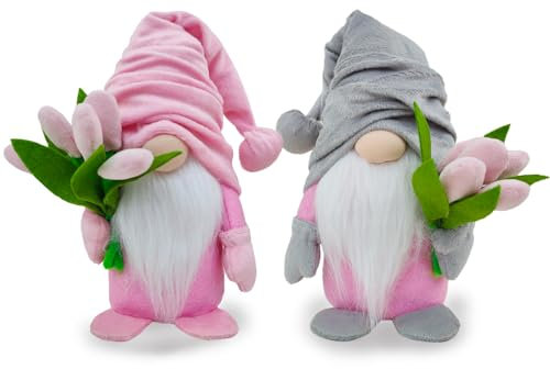 Zemolo 2pcs Spring Gonk Gnome Decorations, Plush Gnome Faceless Doll with Spring Tulip Bouquet Handmade Swedis Dwarf Elf Table Ornaments Gift for Her Women Mom