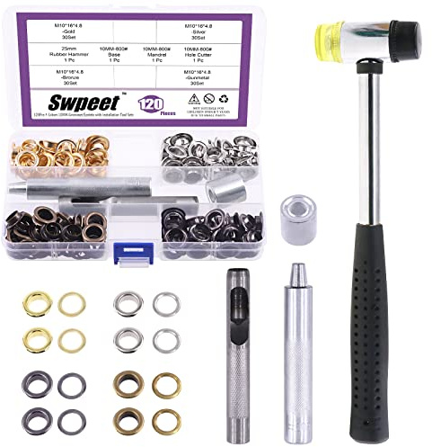 Swpeet 80 Unidades - 40 Juegos de Ojales de 2/5 Pulgadas (10 mm) Gruesos, Metal, Con 3 Herramientas de Ajuste y Mazo Suave Para Reparar Lona, Cuero