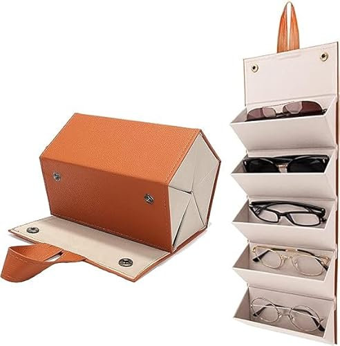 JIAMAIN 5 Slots Foldable Glasses Storage Box, Eyewear Storage Box, PU Leather Sunglasses Eyeglasses Organizer Box, Travel Glasses Case Storage, for Women Men (brown)