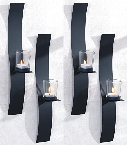 Novaliv 4X Wandkerzenhalter Vintage Metall mit Glas 6 x 39,5 x 6 cm Schwarz Kerzenhalter Wand Teelichterhalter Deko Wohnzimmer Dekoration Wanddeko Vintage Deko Teelicht Wandhalter