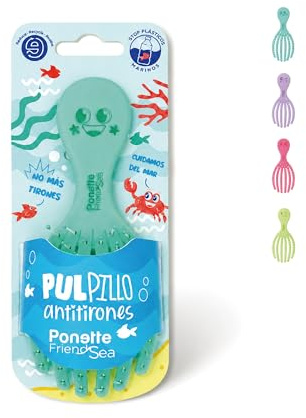 PONETTE FRIENDSEA - Spazzola per capelli disgrovigliante anti-irone per bambini, verde turchese, compatta, da viaggio, in plastica riciclata, polpillo, divertente, bambini, ragazze, senza tirare,
