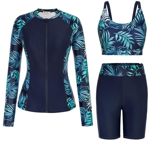 GRACE KARIN Women's 3 Piece Rash Guard Built-in Bra Long Sleeve UV Sun Protection Swimsuit Zip up Swim Top Shirt Modest Navy Blue Large