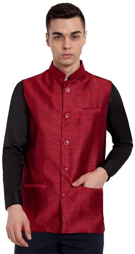 SKAVIJ Men’s Jacquard Silk Waistcoat Jacket - Eid & Ramadan Traditional Festive Nehru Vest