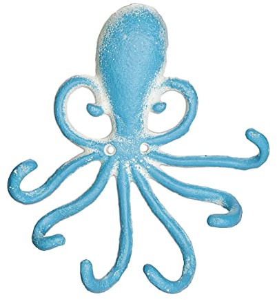 Relaxdays Attaccapanni da Parete, 6 Ganci, Design Polpo, 16,5x15,5x4 cm, Appendiabiti in Ghisa, Ingresso, Azzurro Bianco