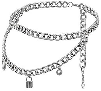 Stfery Body Chain Damen Silber, Körperkette Rave Taillenkette Doppellagige Punk Lock Kreis Perlen Quaste Bauchkette 85cm Legierung