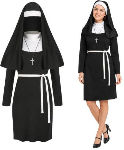 Meanju Karneval Nonnenkostüm,mit Nonnenhaube Halskette Gürtel, Fastnachtskostüme Damen,Halloween Kostüm Damen Nonne,Mittelalter Kostüm Damen,Nonnenkostüm Damen Halloween