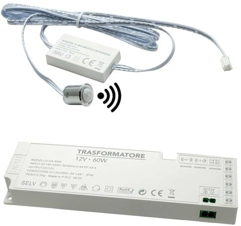 Vetrineinrete® Sensore di movimento interruttore infrarossi a passaggio pir per strip led armadi mobili sensori per luci con alimentatore 12V 24V 60 watt