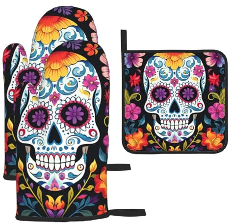 TropicalLife Ofenhandschuhe und Topflappen, Motiv: bunte Totenkopf-Blumen, 3 Stück, hitzebeständige Ofenhandschuhe zum Kochen, Backen, Küche, Grillen