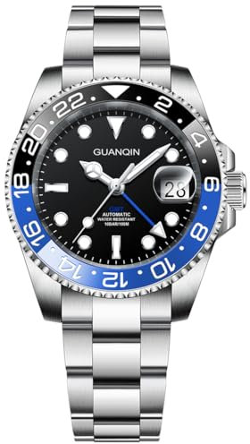 TYBERLEY GUANQIN Herren Automatik GMT Uhrwerk NH34 Edelstahl Synthetik Saphir Wasserdicht Leuchtzeiger Uhr mit Automatikaufzug