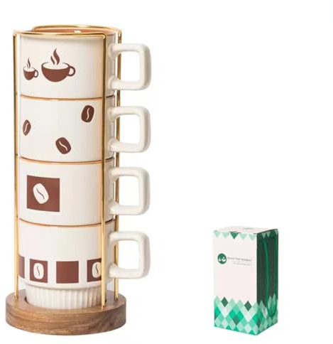 TANFEI Juego de 4 tazas de café con soporte y paquete de regalo, tazas de café apilables de cerámica, taza de café de cerámica china de 320 ml (estilo B)