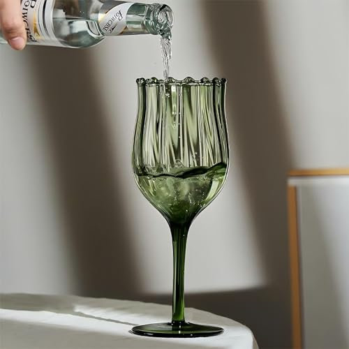 CONSTANCEY Set di calici da vino vintage verdi a coste, in rilievo, 362,9 g, con stelo verde, bicchieri da champagne in cristallo colorato, per matrimoni, feste, bar, decorazioni per la casa (B)