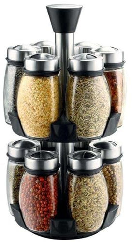 Estante giratorio para especias con 12 botes de especias, organizador de especias, organizador de especias, cristal, carrusel giratorio, estante giratorio para especias con 2 niveles para cocina,