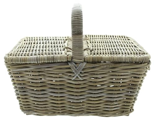 FRANK FLECHTWAREN Picknickkorb Rattan, Koboo-Grey, Teilweise Lackiert, 50x35x25 cm GH 40 cm, Handgefertigt, Boho Sommer Outdoor