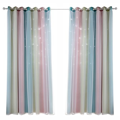Sternvorhänge, Kindervorhänge für Schlafzimmer, Mädchen-Stichvorhänge für Mädchenschlafzimmer, Hohlstern-Garn-Farbverlaufsvorhänge, Vorhänge für den Heimgebrauch (Rosa 53 B x