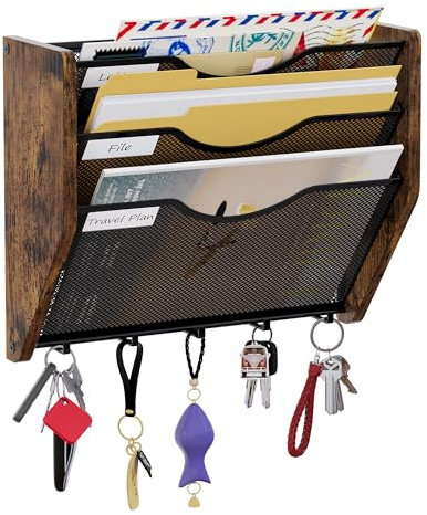 PAG-Mass 3-stöckig Hängend Zeitschriften Wandhalter,Wandhalterung Aktenhalter Mit 5 Haken,Flyerhalter Prospektspender Metall Holz A4 Zeitschriftenhalter Wand für Büro/school supplies/home,Antik Braun