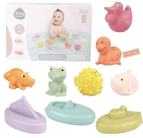 Vndnsy Jouets de Bain pour bébé - 9 Jouets de Bain Anti-moisissure pour bébé - Jouets de Baignoire sans Trou pour Tout-Petits de 6 à 18 Mois - Essentiels pour Le Bain des Nouveau-nés
