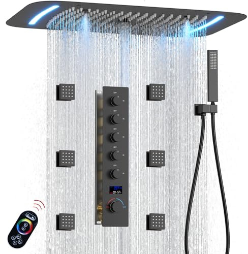 KAITAIHD Matte Black Shower Mixer Set, 5 Function Shower System | 16X26 inch Rainfall Shower& Waterfall & Mist Shower, 6 Body Jets, Handheld Spray