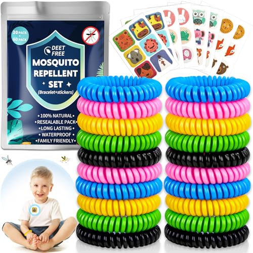 Mückenschutz Armband Set - 20 Stück Mückenarmband + 60 Stück Anti Mücken Pflaster, Mückenpflaster für Kinder Erwachsene Outdoor Camping Wandern Sport