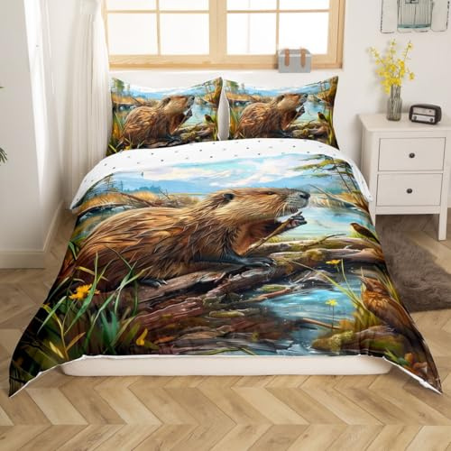 Erosebridal 3D Capybara Twin Bedding Set for Boys Girls Teen,Ocean Animal Kids Duvet Cover Beaver Wildlife Comforter Cover Rustic Capybara Bed Set 1 Pillow Case