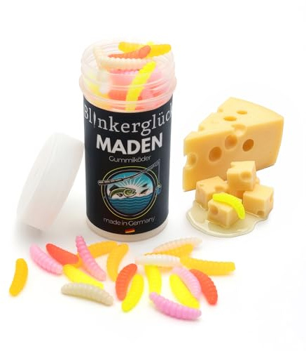 Blinkerglück Maden 2cm - 50 Gummiköder mit Aroma für Friedfisch & Forelle | Kunstmade für Rotauge, Rotfeder, Schleie | Softbait zum Stippen & Posenangeln