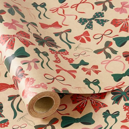 RUSPEPA Weihnachtsgeschenkpapierrolle für Kinder und Mädchen, buntes Schleifen-Design mit roten, grünen und rosa Bändern, Kraft-Geschenkpapier für Weihnachten, Geburtstage und Winterpartys,43,2cm x 5m