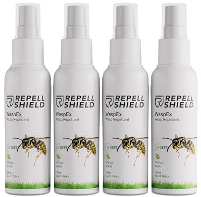 RepellShield® Citronnelle Spray Anti Guepes et Frelons -4x100ml- Non Tachant - Usage Intérieur & Extérieur - Barrière Répulsive de Longue Durée Anti Guêpe pour Maison, Piscine, Toiture