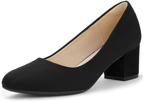 IDIFU Black Heels Women's Pumps Closed Round Toe Low Block Chunky Heels Short Small Thick Homecoming Work Prom Dress Shoes for Women Comfort Cute Dressy Formal Classic Pumps Shoes(Black Suede, 8)