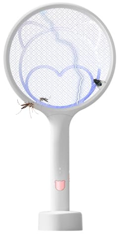 Mateju Raqueta Mosquitos Electrica Recargable, Raqueta Matamoscas Electrico Pilas USB Recargable Portátil Ligera para Uso en Interiores y Exteriores (GZ-Blanco)
