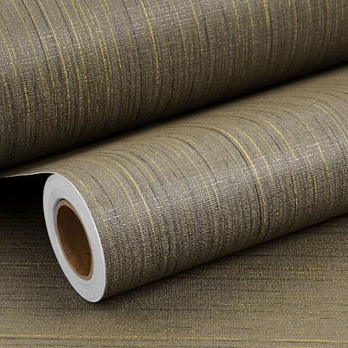 ReWallpaper Tapete Selbstklebend Leinenoptik Braune mit Gold Streifen Klebefolie Möbel Vintage für Kommode Schrank 40CMx3M Braun Dekorfolie Selbstklebend Leinen Stoffoptik Tapete Wand