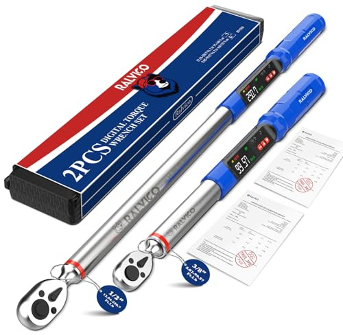 RALVICO Digital Torque Wrench 3/8 & 1/2 Drive 5.02-99.57 Ft. Lb (6.8-135 N.m) / 12.54-250.7 Ft. Lb (17-340 N.m) ±2% Accuracy Digital Torque Wrench Set with Buzzer and LED Flash for Bike, Moto, Car