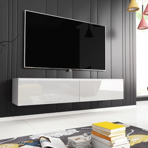 FWStyle Modern Lowboard TV Media Storage Unit with LED Lighting – Matt White & White Gloss – Wall Mounted or Floor Standing TV Cabinet with 2 Drop Down Doors