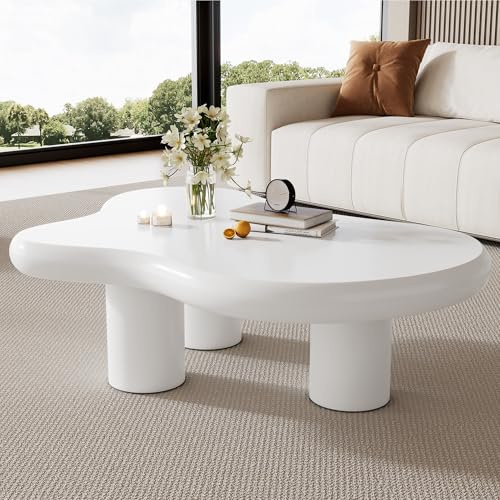 OKMYHOME Table Basse - Table de Salon Nuage avec Surface Laquée, Table d'Appoint Fonctionnelle, MDF, Blanc, 97×67×32 cm