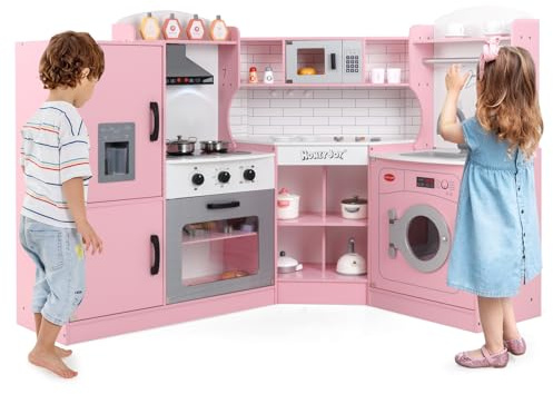 COSTWAY Cocina Juguete para Niños, Juego de Cocina Infantil con Sonido y Luces, Campana Extractora, Heladera, Microondas, Horno, Fregadero, Lavadora y Accesorios, a Partir de 3 años (Rosa)