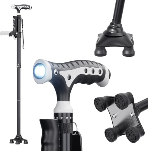 Walking Cane for Men & Women Foldable, Adjustable, Heavy Duty, Free Standing, All Terrain, Collapsible Walking Sticks for Seniors & Adults，Walking Stick with Second Handle and 4-Pronged Base
