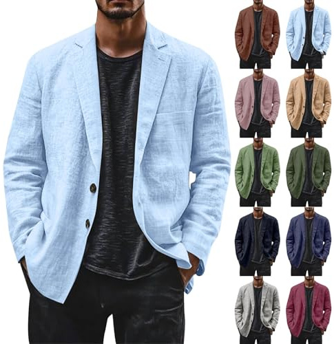 Blazer - Giacca da uomo in lino, estiva da uomo, leggera, in cotone, comoda giacca elegante, con risvolto, sportiva, in lino, con bottoni, smoking