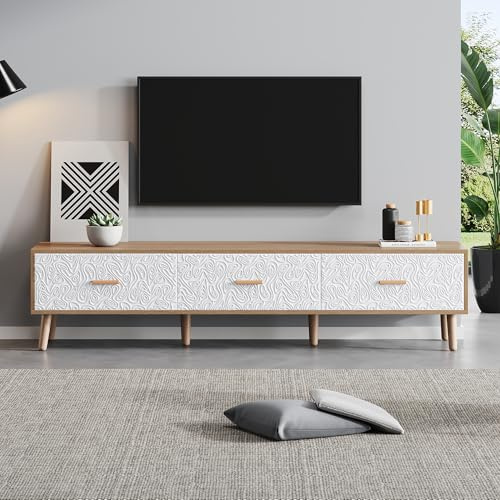 HaoChrymec Mueble TV de Aglomerado, Mesa para Salón, Madera Clara y Blanco, 150x35x39cm