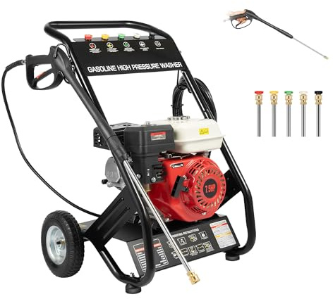 DIFU Hidrolimpiadora de Gasolina Profesional 170 Bar-190 Bar Limpiador de Alta Presión Portátil, Motor OHV 4 Tiempos 7,5 CV, Uso Continuo Intensivo, con 5 Boquillas y Manguera de 10 m