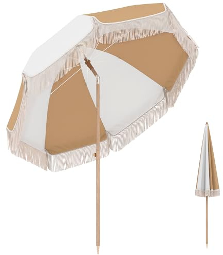 Outsunny Strandschirm 1,7m, Gartenschirm neigbar mit Sandanker, Fransen und Höhenverstellung, Tragetasche, Sonnenschutz UPF 30+, Weiß & Beige