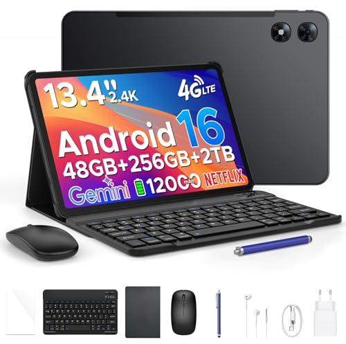 POPUX P13 Pro 13,4 Pouces Tablette, 48Go+256Go ROM, 2.4K 120Hz Android 16 Tablette avec Gemini AI, Tablette Tactile T7280 Octa-Core, 16MP + 8MP, 12000mAh, 5G WiFi, 4G LTE, Clavier, Stylet, Case-Noir