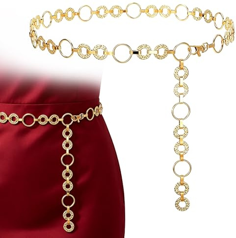 Merzio Gold Waist Chain Belt, Polished Metal Body Chain for Women, Adjustable Fashion Belt for Jeans, Dress and Concert Outfits