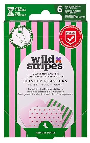 Wild Stripes Pansements anti-ampoules Rosy Stripes – Hydrocolloïdes contre ampoules & frottements aux pieds – Doux pour la peau – Résistants à l'eau – Cœurs & rayures (6 pièces)