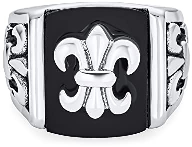 Personalisierter großer mittelalterlicher Herren-Religionsring im antiken Wikinger-Stil mit maltesischem Fleur-de-Lis-Kreuz und quadratischem Siegelring für Männer, oxidierte silberfarbene