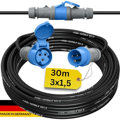 netbote24 Camping Kabel 30 Meter CEE verlängerungskabel 30m außen H07RN-F 3x1,5 Strom Wohnwagen Kabel landstromanschluss wohnmobil Caravan Adapter verlängerung stromkabel verlaengerungskabel Outdoor